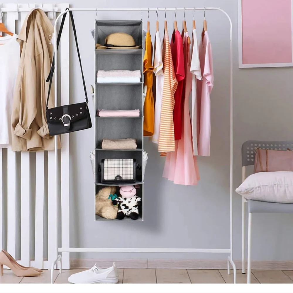 Univivi 6 Shelf Hanging Closet Organizer Hanging Shelves with 6 Side Pockets for